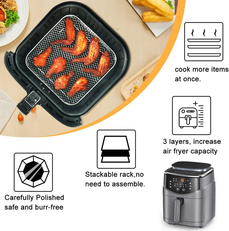BYKITCHEN 8 inch Square Air Fryer Rack, 3pcs Stackable Stainless Steel Dehydrator Rack with Silicon Feet, Square Air Fryer Accessories for Cosori, Instant Vortex, Ninja Pro XL 6.5 QT AF181 & More - Image 4